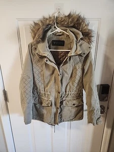 Giacca denim oliva Guess Los Angeles - pelliccia sintetica orlo donna M esercito cappotto utility - Foto 1 di 13