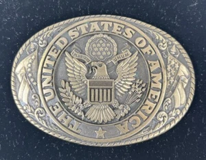 Vintage 1970s *THE UNITED STATES OF AMERICA* BRASS BELT BUCKLE Tony Llama - Picture 1 of 3