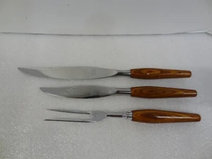 Vintage Mode Danish Sheffield England 3 Pc Carving Set Knife Teak Wood Handles - Picture 1 of 19