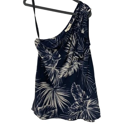 Shoshanna | Top One Shoulder Navy Leaf Print Silk- Size XS - Image 1 of 4