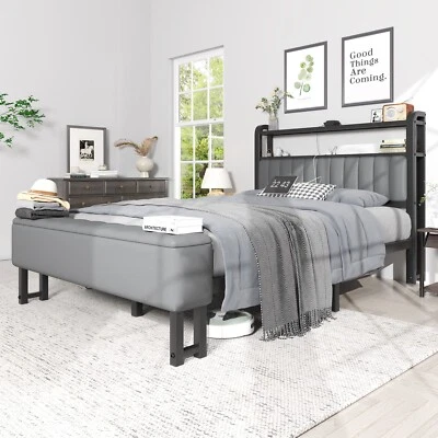 Marco de cama tapizado completo/queen con luces de cielo estrellado y almacenamiento multifuncional Foto 1 de 4