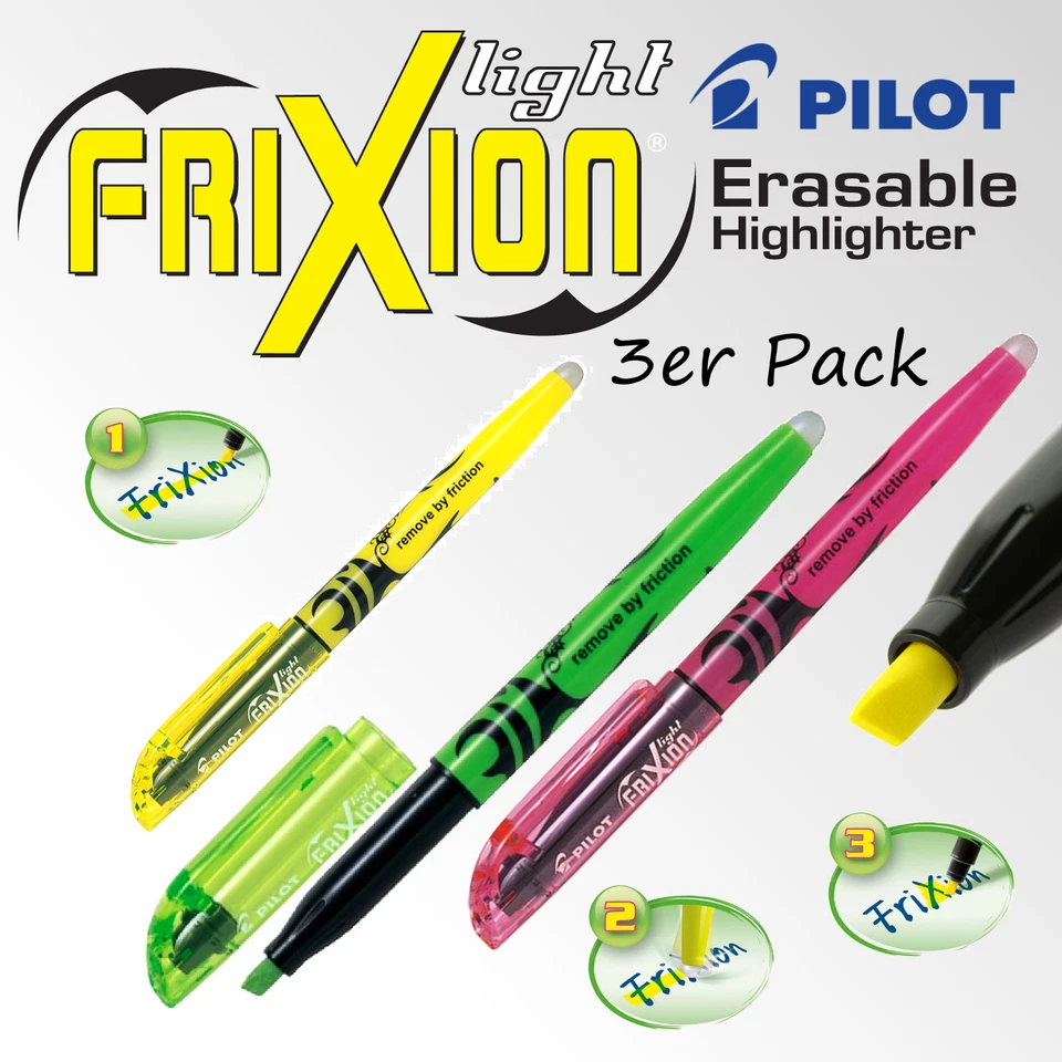 Pilot Frixion Light Textmarker 3er Pack Grün Gelb Pink Marker radierbar Neon  - Bild 1 von 1