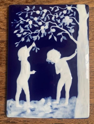 Arts & Crafts pate sur pate porcelain tile Children picking Fruit Minton Limoges Cover