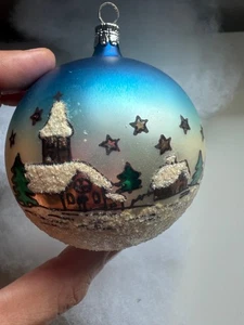 Large CZECH HAND BLOWN GLASS /PAINTED Church Christmas Ornament  Winter Scene - Picture 1 of 7
