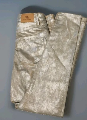 Pantalones de mezclilla recubiertos Ralph Lauren etiqueta negra $328 talla 8 metálicos dorados/plateados Foto 1 de 3