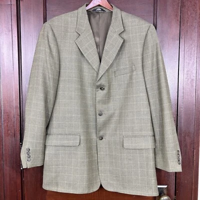 Abrigo deportivo Haggar Black Label 100 % lana Worsted para hombre 44L verde beige a cuadros Foto 1 de 4