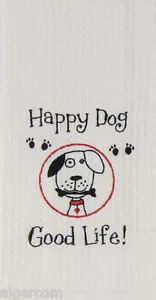 Kay Dee HAPPY DOG GOOD LIFE 100% Cotton Embroidered Waffle Towel 18"x28" NEW - Picture 1 of 1