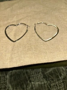 Women's Silver Stainless Steel Heart Shape Large Hoop Earrings 2” In Length - Picture 1 of 3