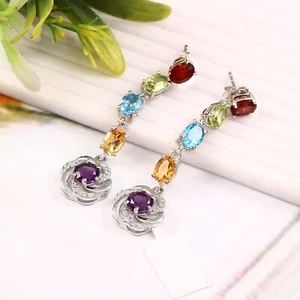 Multi-Gemstone Drop Earrings Natural Amethyst Citrine Peridot Flower Dangle Gift - Picture 1 of 8