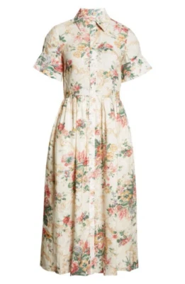 $1645 Erdem Ecru Multi Flared Cuff Fit & Flare Floral Linen Shirt Dress Size 12 - Image 1 of 4