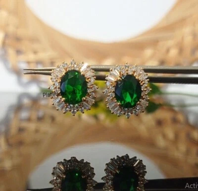 Women's Oval Simulated Emerald Drop Halo Hoop Earring 14K White Gold Plated - Image 1 of 4