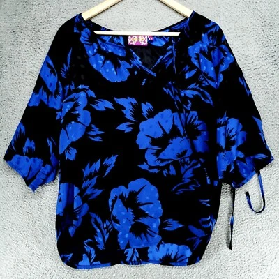Yumi Kim Tropical Hawaiian Floral Silk Blouse Womens S Blue Short Sleeve Shirt - Image 1 of 4