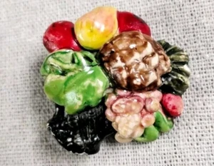 Vintage Hand Painted Plaster Button Colorful Basket of Fruit Metal Shank #1 - Picture 1 of 6