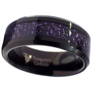 Tungsten Black Celtic Dragon Ring Purple Carbon Fiber 8mm Womens Mens Sizes 5-17 - Picture 1 of 4
