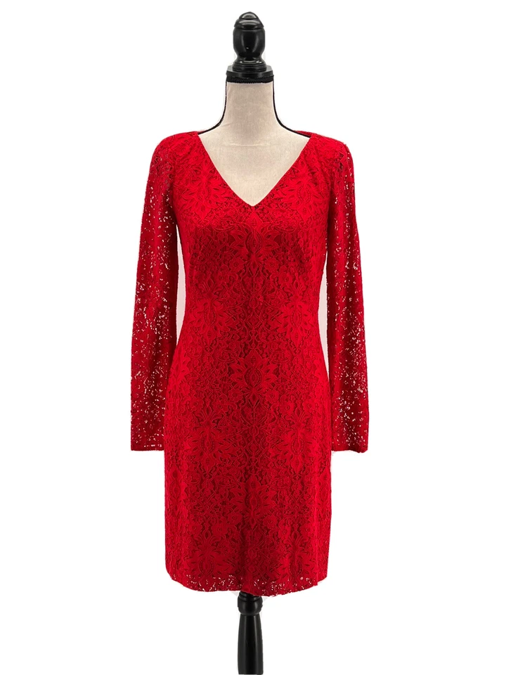 Vestido Ralph Lauren LRL Mujer Encaje Rojo 2 XS Mangas Largas Cuello en V Fiesta de Vacaciones Foto 1 de 4