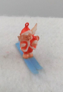 Miniature Skiing Angel Ornament Rosbro? Red White Blue Plastic Vintage 1.75"