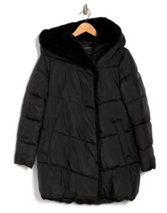 BCBGMAXAZRIA Black Hooded Faux Fur Cozy Puffer Button Coat LARGE Water Repellent - Picture 1 of 6