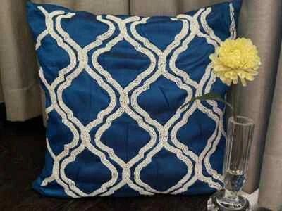 Square Couch Cushion Case Blue 16"x16", Home Decor Silk Fabric - Royal Tartan - Image 1 of 4