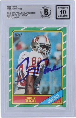 杰里·赖斯旧金山 49 人队签名 1986 年 Topps #161 BAS 10 新秀卡 — 第 1/3 张图片