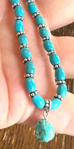 Handcrafted Turquoise Beaded Necklace with Pendant & Silver Accents - 21" - Picture 1 of 5