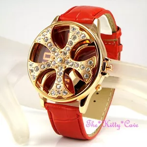 XL Rotes Leder Gold Spinnerei Drehung Funkelnd Eis Kristall Rapper Gangster Uhr - Bild 1 von 8