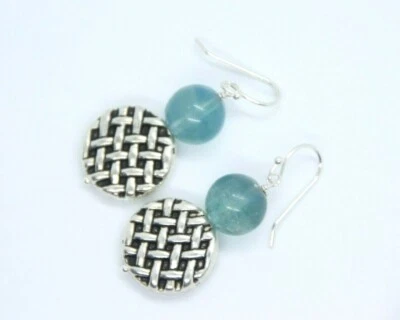 Pendientes de fluorita azul verde 10 mm bola piedras preciosas .925 plata de ley 1 1/2" Foto 1 de 4