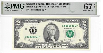 2009 Dallas $2 FRN Lucky Money KP Block PMG 67 EPQ Superb Gem Unc. (K8888xxxxP) - Image 1 of 4