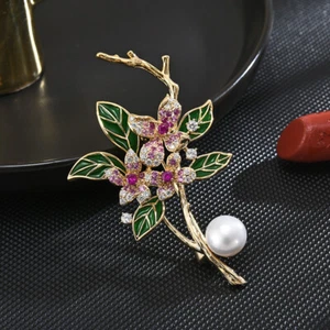 Gold Plated Pink Cubic Zirconia Pearl Green Enamel Leaf Flower Brooch Pin - Picture 1 of 3