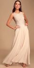 Lulus Blush Pink Maxi Dress Gown Lace Chiffon XL Bridal Prom Always And Forever