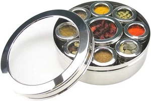 Authentic Indian Spice Tin Stainless Steel Masala Dabba LARGE Curry Cooking 9pc - Picture 1 of 7