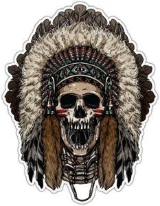 Indian Chief Skull Native American Headdress Bumper Vinyl Sticker Decal 4"X5" S7 - Picture 1 of 1