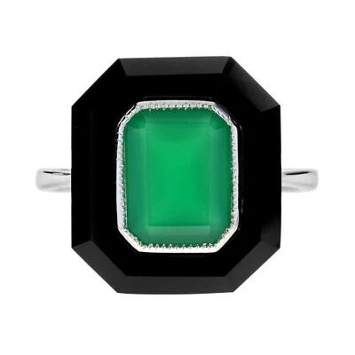 Anillo de cóctel hexagonal de ónix ágata verde oro blanco 9K  Foto 1 de 4