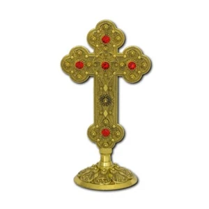 6 1/2" Engraved Gianniotiko Design Altar Stand Gold Plated Blessing Church Cross - Picture 1 of 4