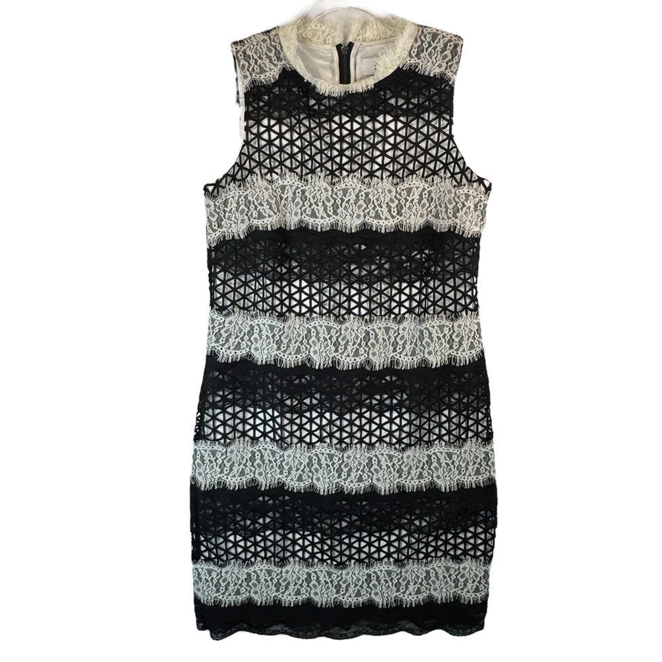 Belle Badgley Mischka Black White Lace Striped Cocktail Party Dress Size 2 - Image 1 of 4