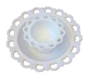 White Milk Glass Plate & Pedestal Dish Bowl Scalloped Lace Edges Chips & Dip - Picture 1 of 7