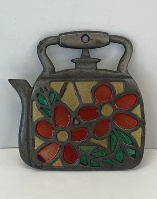 MCM Stained Glass Teapot Trivet Cast Iron Tea Kettle Mid Century Vintage 5.5” - Image 1 of 4