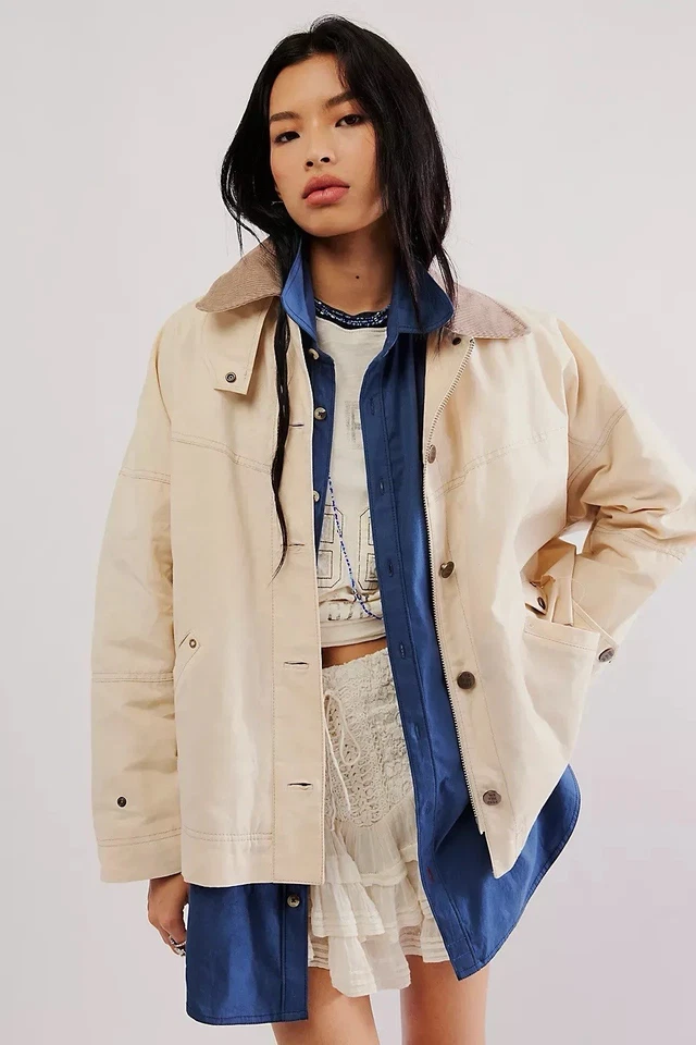Free People We The Free Cori 打蜡夹克 Barn Chore 大衣象牙色女式 S 码 — 第 1/4 张图片