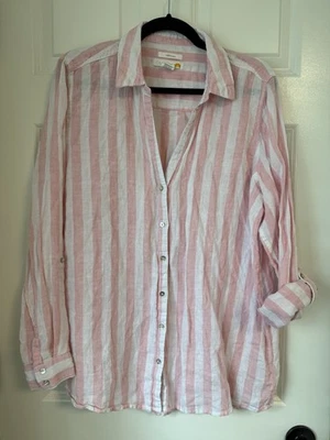 C&C CALIFORNIA Linen Long Sleeve Roll Tab Blouse Sz XL Lagenlook Striped Pink - Image 1 of 4
