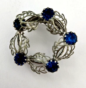 Vintage Brooch Pin Silver Blue Rhinestones Prong - Picture 1 of 3