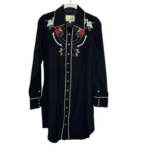 Roper Western Dress Womens Small Rose Skull Embroidered Pearl Snap Long Sleeve - Picture 1 of 8