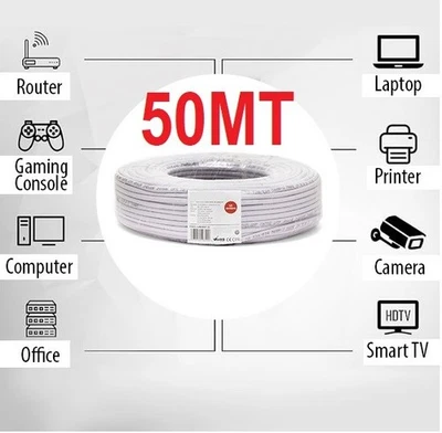 CAVO ETHERNET DI RETE LAN INTERNET 50 METRI MATASSA 50MT BOBINA CAT 5e SCHERMATO - Immagine 1 di 2