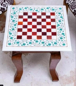 Mesa de ajedrez de alta gama de 15" con tablero incrustado piedra cornalina incrustación floral Art Deco - Imagen 1 de 8