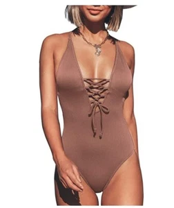 Cupshe Women's Solid Color V Neck Lace Up One Piece Swimsuit, Caramel, X Small - Picture 1 of 2