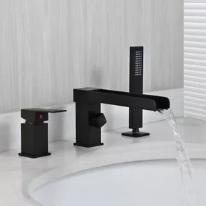 3PCS Black Bathtub Faucet Waterfall Spout Mixer Hand Held Sprayer Sink Basin Tap - Picture 1 of 7