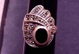 Vintage 925 Sterling Silber Markasit Vogel Ring mit schwarzem Onyx Körper Gr. 8-3/4 Spaß - Bild 1 von 12