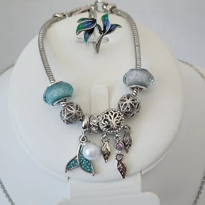 Mermaid Tail Jewelry Set Necklace Bracelet Ring sz 6 Silver Fashion Faux Pearl - Picture 1 of 14