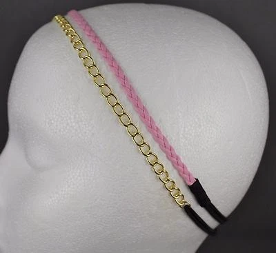 Gold chain link headband Pink faux leather braid thin skinny narrow 2 pack - Image 1 of 4