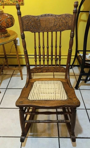 Victorian Era Pressed Back Tiger Oak Rocking Chair With Spindles & Cane Seat Cover