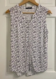 Max Jeans ärmelloses Shirt Knopfleiste Tunika Oberteil V-Ausschnitt weiß mit blauem Print Gr. S - Bild 1 von 8