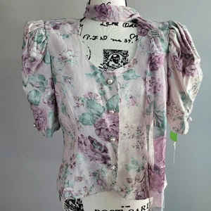 VTG rare deadstock 80s floral blouse puff sleeve attached scarf regency cottage - Picture 1 of 14